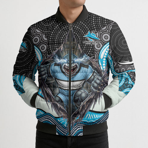 Cronulla Sutherland Sharks Bomber Puffer Jacket The Scream of Lightning Eyes - Indigenous Dot Ripping Effect