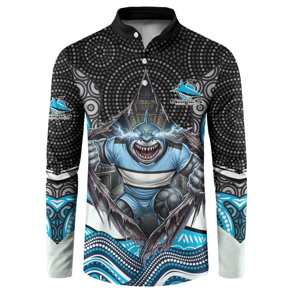 Cronulla Sutherland Sharks Button Sweatshirt The Scream of Lightning Eyes - Indigenous Dot Ripping Effect