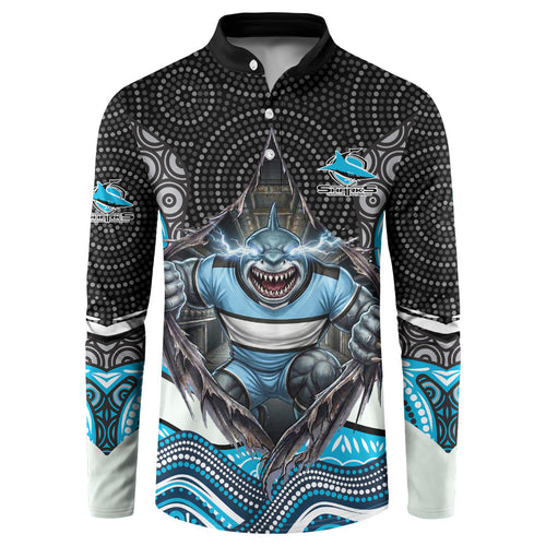 Cronulla Sutherland Sharks Button Sweatshirt The Scream of Lightning Eyes - Indigenous Dot Ripping Effect