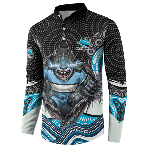 Cronulla Sutherland Sharks Button Sweatshirt The Scream of Lightning Eyes - Indigenous Dot Ripping Effect