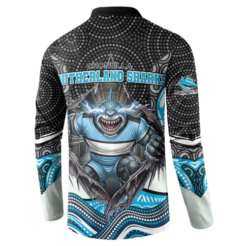 Cronulla Sutherland Sharks Button Sweatshirt The Scream of Lightning Eyes - Indigenous Dot Ripping Effect