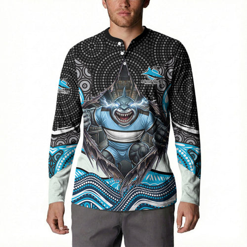 Cronulla Sutherland Sharks Button Sweatshirt The Scream of Lightning Eyes - Indigenous Dot Ripping Effect