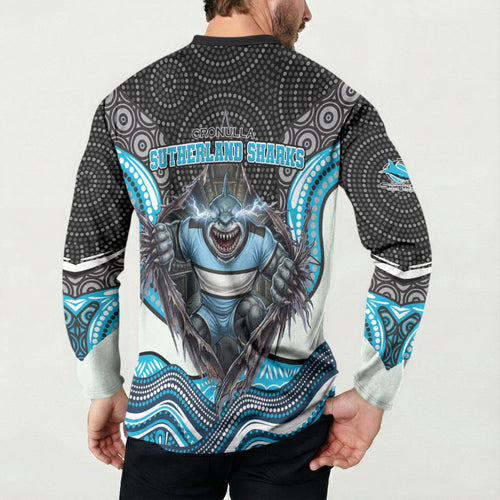 Cronulla Sutherland Sharks Button Sweatshirt The Scream of Lightning Eyes - Indigenous Dot Ripping Effect