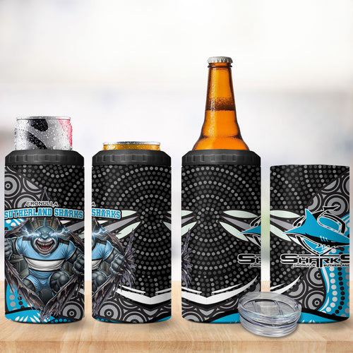 Cronulla Sutherland Sharks 4 in 1 Can Cooler Tumbler The Scream of Lightning Eyes - Indigenous Dot Ripping Effect