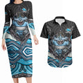 Cronulla Sutherland Sharks Couples Matching Long Sleeve Bodycon Dress and Hawaiian Shirt The Scream of Lightning Eyes - Indigenous Dot Ripping Effect