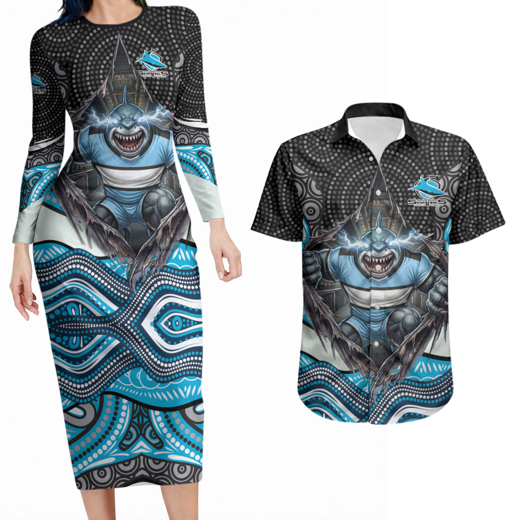 Cronulla Sutherland Sharks Couples Matching Long Sleeve Bodycon Dress and Hawaiian Shirt The Scream of Lightning Eyes - Indigenous Dot Ripping Effect