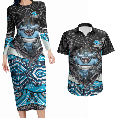 Cronulla Sutherland Sharks Couples Matching Long Sleeve Bodycon Dress and Hawaiian Shirt The Scream of Lightning Eyes - Indigenous Dot Ripping Effect