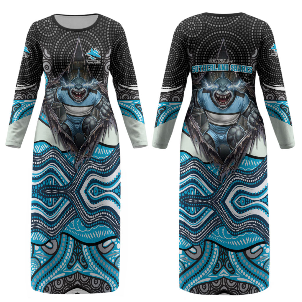 Cronulla Sutherland Sharks Couples Matching Long Sleeve Bodycon Dress and Hawaiian Shirt The Scream of Lightning Eyes - Indigenous Dot Ripping Effect