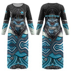 Cronulla Sutherland Sharks Couples Matching Long Sleeve Bodycon Dress and Hawaiian Shirt The Scream of Lightning Eyes - Indigenous Dot Ripping Effect