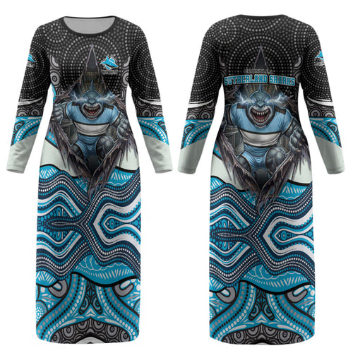 Cronulla Sutherland Sharks Couples Matching Long Sleeve Bodycon Dress and Hawaiian Shirt The Scream of Lightning Eyes - Indigenous Dot Ripping Effect