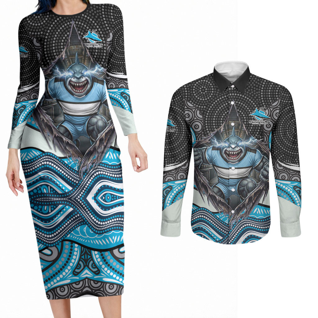 Cronulla Sutherland Sharks Couples Matching Long Sleeve Bodycon Dress and Long Sleeve Button Shirt The Scream of Lightning Eyes - Indigenous Dot Ripping Effect