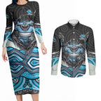 Cronulla Sutherland Sharks Couples Matching Long Sleeve Bodycon Dress and Long Sleeve Button Shirt The Scream of Lightning Eyes - Indigenous Dot Ripping Effect