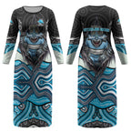 Cronulla Sutherland Sharks Couples Matching Long Sleeve Bodycon Dress and Long Sleeve Button Shirt The Scream of Lightning Eyes - Indigenous Dot Ripping Effect