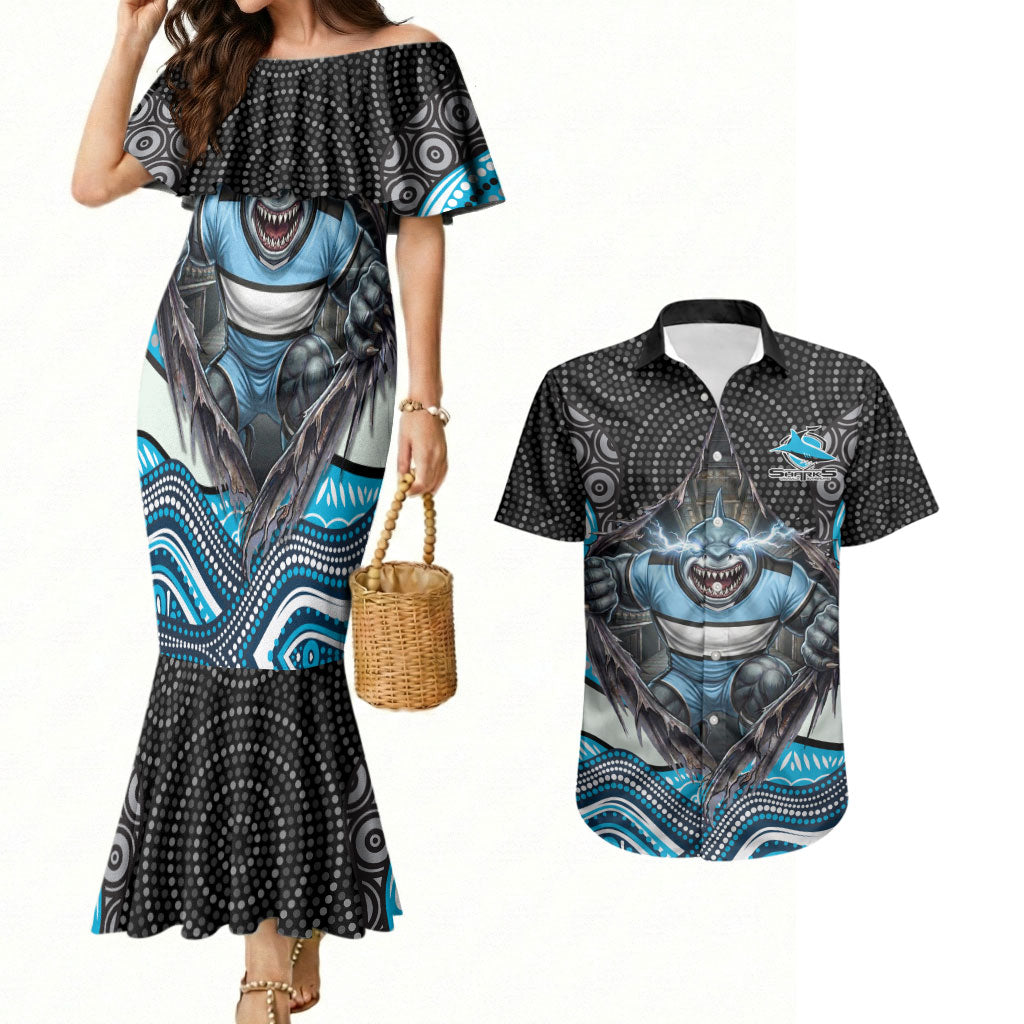 Cronulla Sutherland Sharks Couples Matching Mermaid Dress and Hawaiian Shirt The Scream of Lightning Eyes - Indigenous Dot Ripping Effect