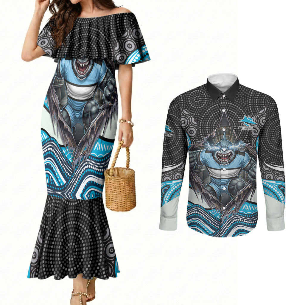 Cronulla Sutherland Sharks Couples Matching Mermaid Dress and Long Sleeve Button Shirt The Scream of Lightning Eyes - Indigenous Dot Ripping Effect