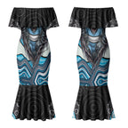 Cronulla Sutherland Sharks Couples Matching Mermaid Dress and Long Sleeve Button Shirt The Scream of Lightning Eyes - Indigenous Dot Ripping Effect