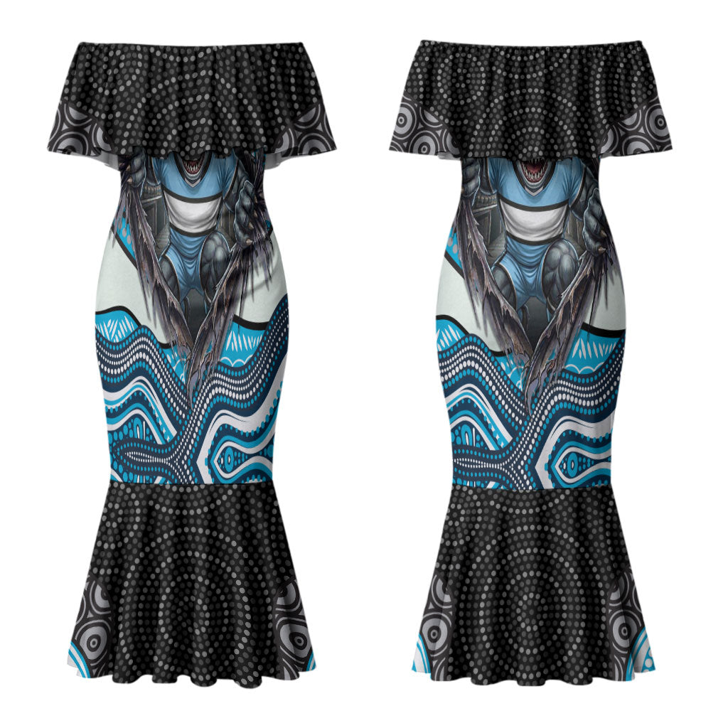 Cronulla Sutherland Sharks Couples Matching Mermaid Dress and Long Sleeve Button Shirt The Scream of Lightning Eyes - Indigenous Dot Ripping Effect