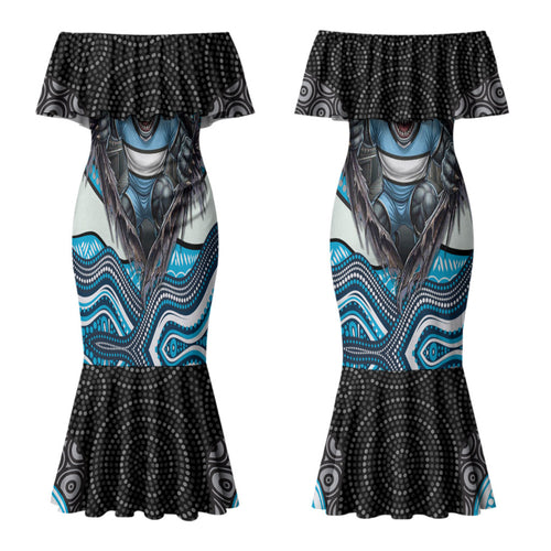 Cronulla Sutherland Sharks Couples Matching Mermaid Dress and Long Sleeve Button Shirt The Scream of Lightning Eyes - Indigenous Dot Ripping Effect