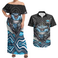 Cronulla Sutherland Sharks Couples Matching Off Shoulder Maxi Dress and Hawaiian Shirt The Scream of Lightning Eyes - Indigenous Dot Ripping Effect