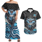 Cronulla Sutherland Sharks Couples Matching Off Shoulder Maxi Dress and Hawaiian Shirt The Scream of Lightning Eyes - Indigenous Dot Ripping Effect