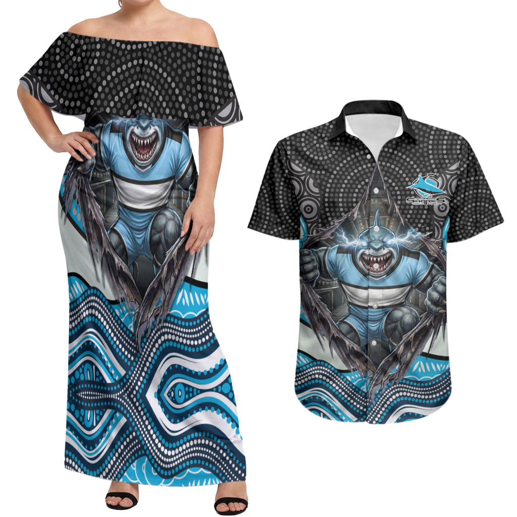 Cronulla Sutherland Sharks Couples Matching Off Shoulder Maxi Dress and Hawaiian Shirt The Scream of Lightning Eyes - Indigenous Dot Ripping Effect