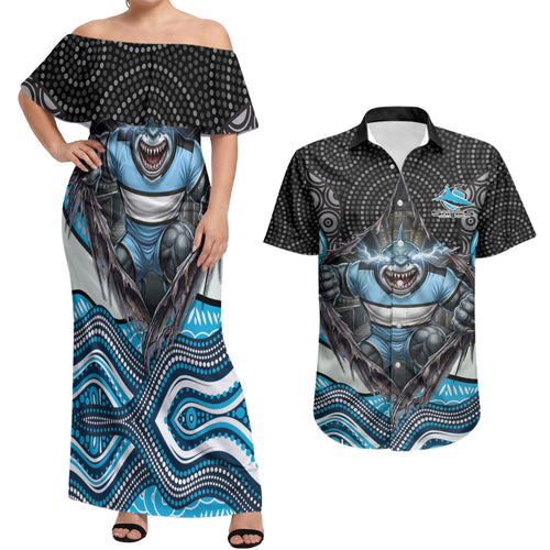 Cronulla Sutherland Sharks Couples Matching Off Shoulder Maxi Dress and Hawaiian Shirt The Scream of Lightning Eyes - Indigenous Dot Ripping Effect