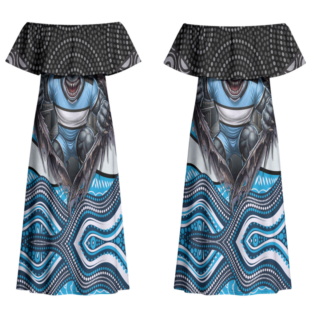 Cronulla Sutherland Sharks Couples Matching Off Shoulder Maxi Dress and Hawaiian Shirt The Scream of Lightning Eyes - Indigenous Dot Ripping Effect