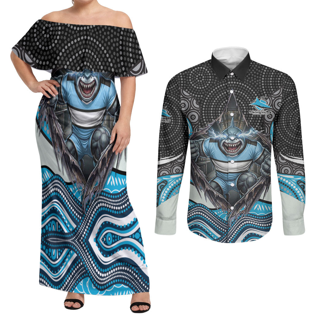 Cronulla Sutherland Sharks Couples Matching Off Shoulder Maxi Dress and Long Sleeve Button Shirt The Scream of Lightning Eyes - Indigenous Dot Ripping Effect