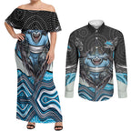 Cronulla Sutherland Sharks Couples Matching Off Shoulder Maxi Dress and Long Sleeve Button Shirt The Scream of Lightning Eyes - Indigenous Dot Ripping Effect