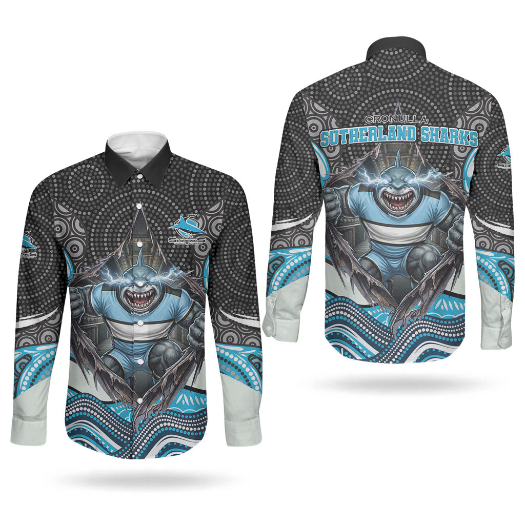 Cronulla Sutherland Sharks Couples Matching Off Shoulder Maxi Dress and Long Sleeve Button Shirt The Scream of Lightning Eyes - Indigenous Dot Ripping Effect