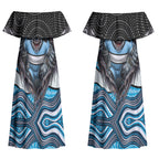 Cronulla Sutherland Sharks Couples Matching Off Shoulder Maxi Dress and Long Sleeve Button Shirt The Scream of Lightning Eyes - Indigenous Dot Ripping Effect
