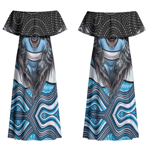 Cronulla Sutherland Sharks Couples Matching Off Shoulder Maxi Dress and Long Sleeve Button Shirt The Scream of Lightning Eyes - Indigenous Dot Ripping Effect