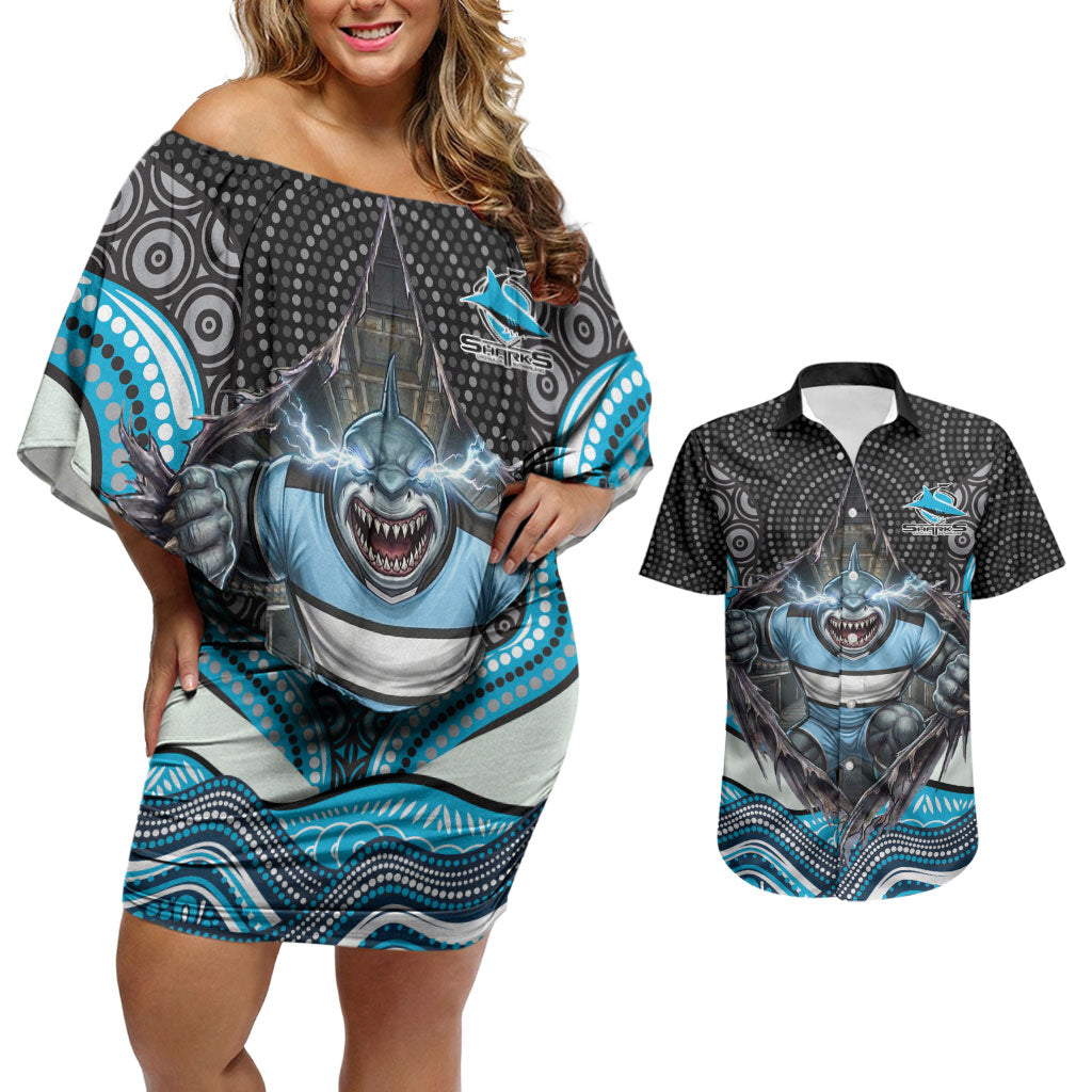 Cronulla Sutherland Sharks Couples Matching Off Shoulder Short Dress and Hawaiian Shirt The Scream of Lightning Eyes - Indigenous Dot Ripping Effect