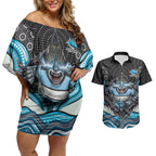 Cronulla Sutherland Sharks Couples Matching Off Shoulder Short Dress and Hawaiian Shirt The Scream of Lightning Eyes - Indigenous Dot Ripping Effect