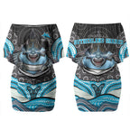 Cronulla Sutherland Sharks Couples Matching Off Shoulder Short Dress and Hawaiian Shirt The Scream of Lightning Eyes - Indigenous Dot Ripping Effect