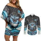 Cronulla Sutherland Sharks Couples Matching Off Shoulder Short Dress and Long Sleeve Button Shirt The Scream of Lightning Eyes - Indigenous Dot Ripping Effect