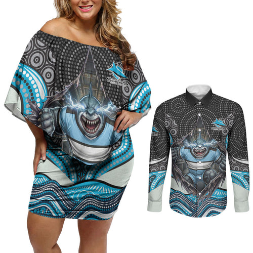 Cronulla Sutherland Sharks Couples Matching Off Shoulder Short Dress and Long Sleeve Button Shirt The Scream of Lightning Eyes - Indigenous Dot Ripping Effect