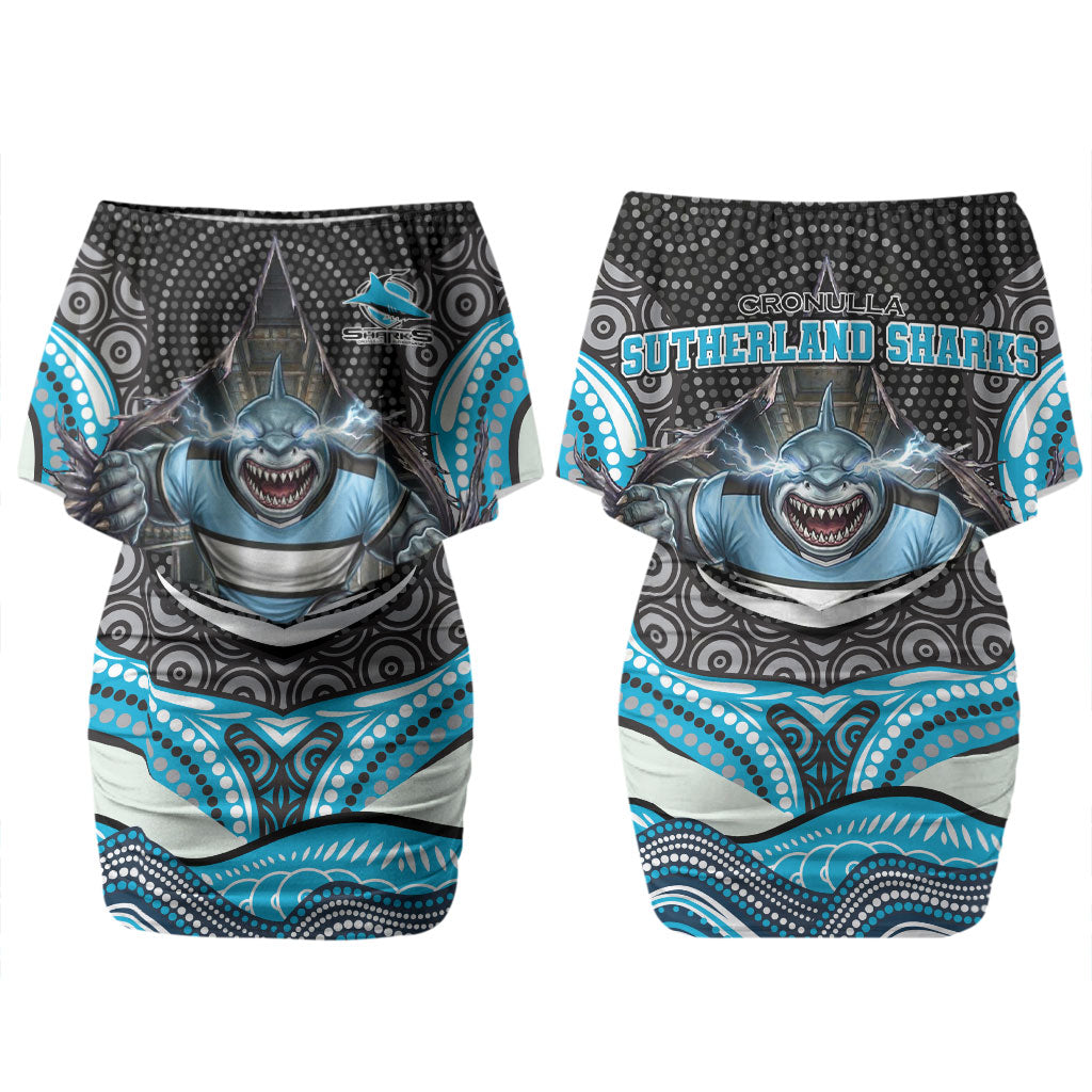 Cronulla Sutherland Sharks Couples Matching Off Shoulder Short Dress and Long Sleeve Button Shirt The Scream of Lightning Eyes - Indigenous Dot Ripping Effect