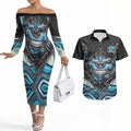 Cronulla Sutherland Sharks Couples Matching Off The Shoulder Long Sleeve Dress and Hawaiian Shirt The Scream of Lightning Eyes - Indigenous Dot Ripping Effect