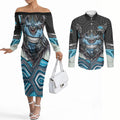 Cronulla Sutherland Sharks Couples Matching Off The Shoulder Long Sleeve Dress and Long Sleeve Button Shirt The Scream of Lightning Eyes - Indigenous Dot Ripping Effect