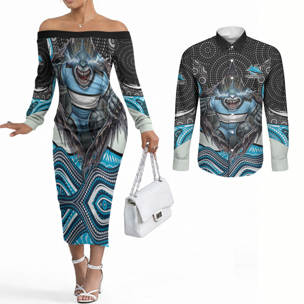 Cronulla Sutherland Sharks Couples Matching Off The Shoulder Long Sleeve Dress and Long Sleeve Button Shirt The Scream of Lightning Eyes - Indigenous Dot Ripping Effect
