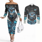 Cronulla Sutherland Sharks Couples Matching Off The Shoulder Long Sleeve Dress and Long Sleeve Button Shirt The Scream of Lightning Eyes - Indigenous Dot Ripping Effect