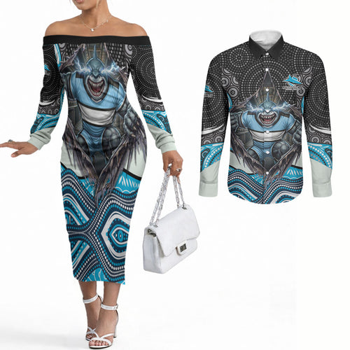 Cronulla Sutherland Sharks Couples Matching Off The Shoulder Long Sleeve Dress and Long Sleeve Button Shirt The Scream of Lightning Eyes - Indigenous Dot Ripping Effect
