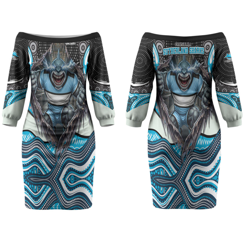 Cronulla Sutherland Sharks Couples Matching Off The Shoulder Long Sleeve Dress and Long Sleeve Button Shirt The Scream of Lightning Eyes - Indigenous Dot Ripping Effect