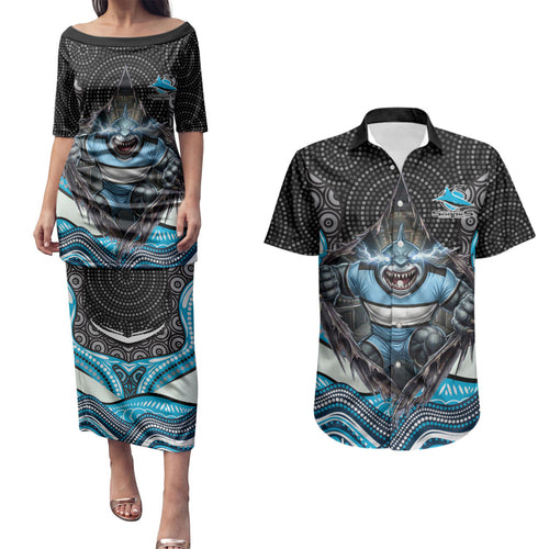 Cronulla Sutherland Sharks Couples Matching Puletasi and Hawaiian Shirt The Scream of Lightning Eyes - Indigenous Dot Ripping Effect