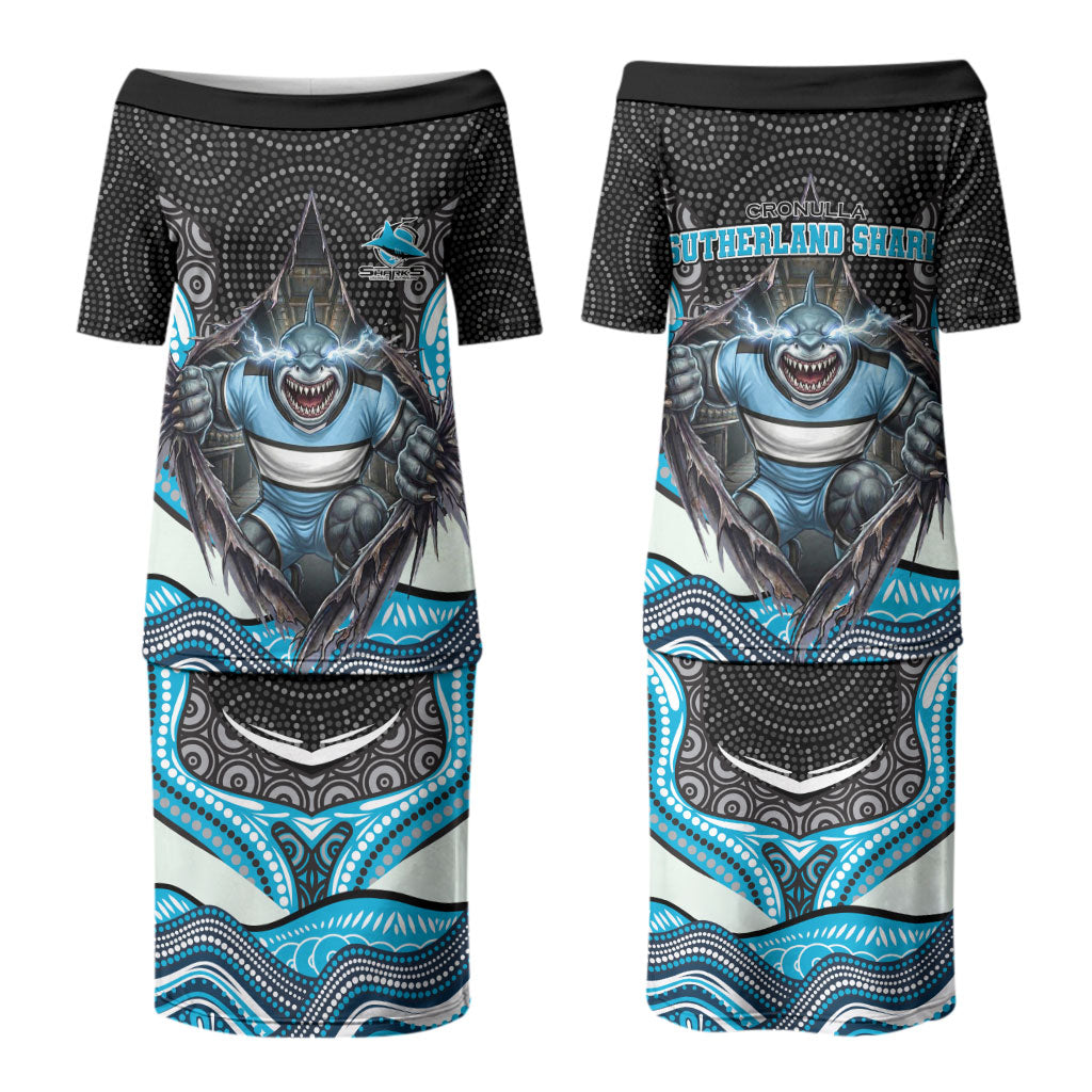 Cronulla Sutherland Sharks Couples Matching Puletasi and Hawaiian Shirt The Scream of Lightning Eyes - Indigenous Dot Ripping Effect