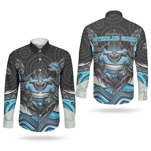 Cronulla Sutherland Sharks Couples Matching Puletasi and Long Sleeve Button Shirt The Scream of Lightning Eyes - Indigenous Dot Ripping Effect