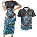 Cronulla Sutherland Sharks Couples Matching Short Sleeve Bodycon Dress and Hawaiian Shirt The Scream of Lightning Eyes - Indigenous Dot Ripping Effect