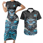 Cronulla Sutherland Sharks Couples Matching Short Sleeve Bodycon Dress and Hawaiian Shirt The Scream of Lightning Eyes - Indigenous Dot Ripping Effect