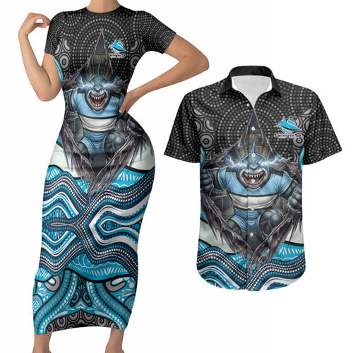 Cronulla Sutherland Sharks Couples Matching Short Sleeve Bodycon Dress and Hawaiian Shirt The Scream of Lightning Eyes - Indigenous Dot Ripping Effect